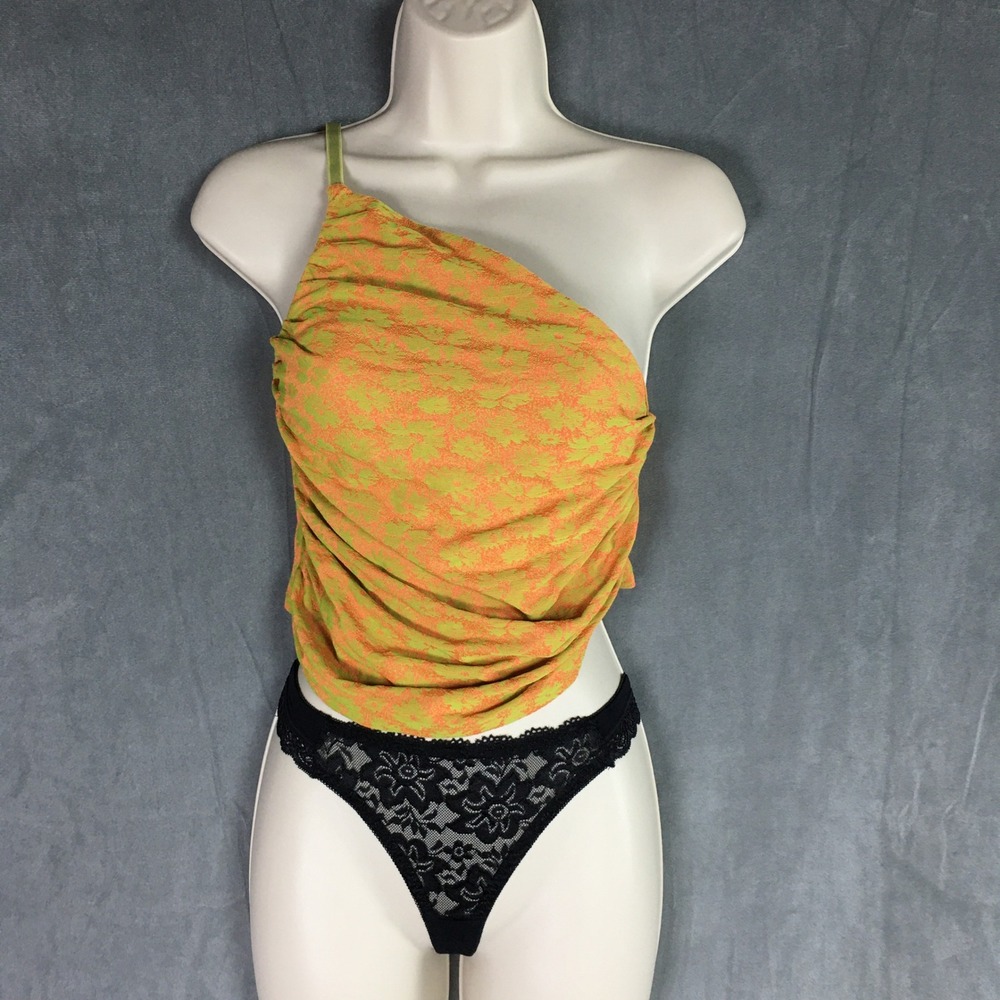 Zara Womens Crop Tank Top S NWT One Shoulder Ruched Orange Green Floral Summer